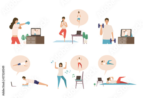 Online fitness concept. Work out via monitor, laptop, tablet. Vector illustration of a people relaxing in their home. photo