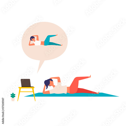 Online fitness concept. Work out via monitor, laptop, tablet. Vector illustration of a woman doing bodyweight training in her home.