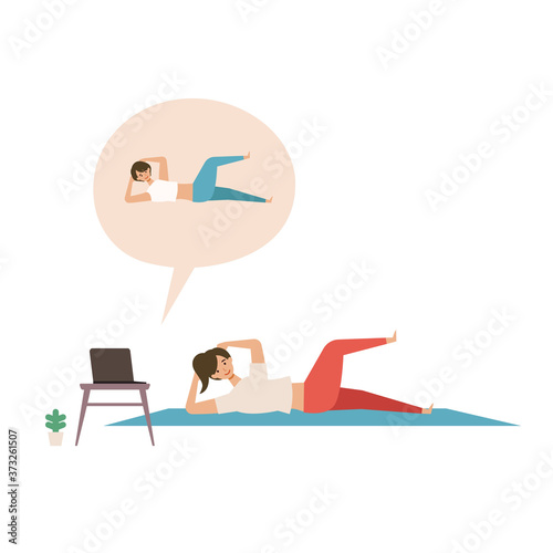 Online fitness concept. Work out via monitor, laptop, tablet. Vector illustration of a woman doing bodyweight training in her home.