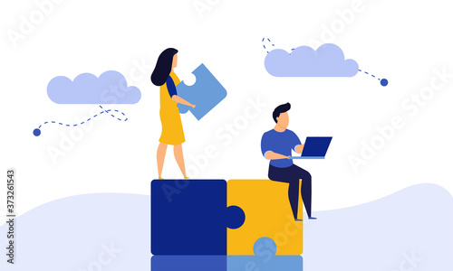Puzzle team work vector illustration concept partner. Partnership teamwork business people collaboration together vector design. Concept jigsaw part solution group connect. Cooperation strategy idea