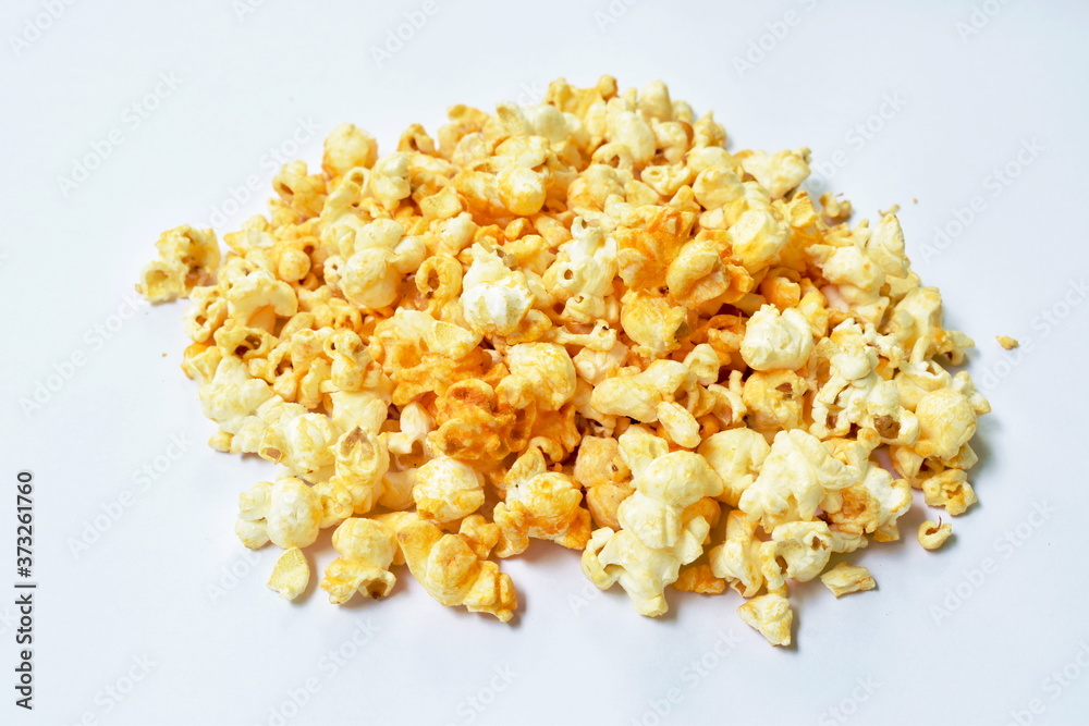 salty baked cheese popcorn arranging on white background salty baked cheese popcorn arranging on white background