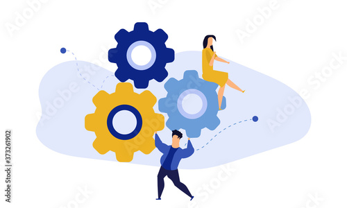 Employee leader building virtual business in action illustration. Career success development grow vector allocation. Future forward teamwork character. Online work global cooperation efficient