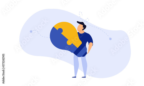 Business teamwork building lightbulb puzzle vector work illustration concept. Person businessman cooperation together jigsaw piece. Man group unity fit part shape. Job support partner design