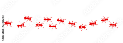 Insect, worker ants marching in search of food sign. Ants crawling, walking in a group or line. Vector seamless pattern of ants. Funny silhouette pictogram. Follow emmet pismire insects banner.