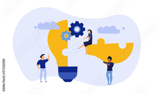 Business teamwork building lightbulb puzzle vector work illustration concept. Person businessman cooperation together jigsaw piece. Man group unity fit part shape. Job support partner design