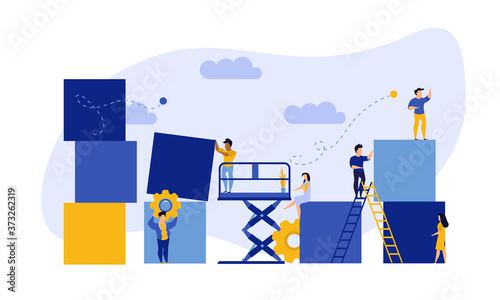 Advertising puzzle from cube block vector flat illustration. Analytics chart business job people teamwork. Community deal banner cooperation jigsaw. Human alliance office group work company team