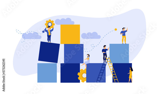 Advertising puzzle from cube block vector flat illustration. Analytics chart business job people teamwork. Community deal banner cooperation jigsaw. Human alliance office group work company team