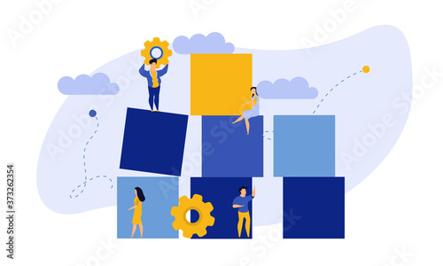 Advertising puzzle from cube block vector flat illustration. Analytics chart business job people teamwork. Community deal banner cooperation jigsaw. Human alliance office group work company team