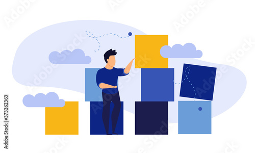 Advertising puzzle from cube block vector flat illustration. Analytics chart business job people teamwork. Community deal banner cooperation jigsaw. Human alliance office group work company team