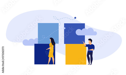 Advertising puzzle from cube block vector flat illustration. Analytics chart business job people teamwork. Community deal banner cooperation jigsaw. Human alliance office group work company team