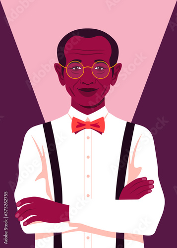 Portrait of an African elderly man. Successful businessman stands with arms crossed. Elegant grandfather is smiling. Vector bright illustration in flat style.