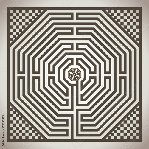 Amiens, the famous labyrinth on the floor of the cathedral, religious symbol, vector illustration