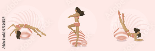 Girls goes in for sports on gymnastic balls. Aerobics on fit-ball.  Healthy lifestyle, home or fitness room. vector illustration.