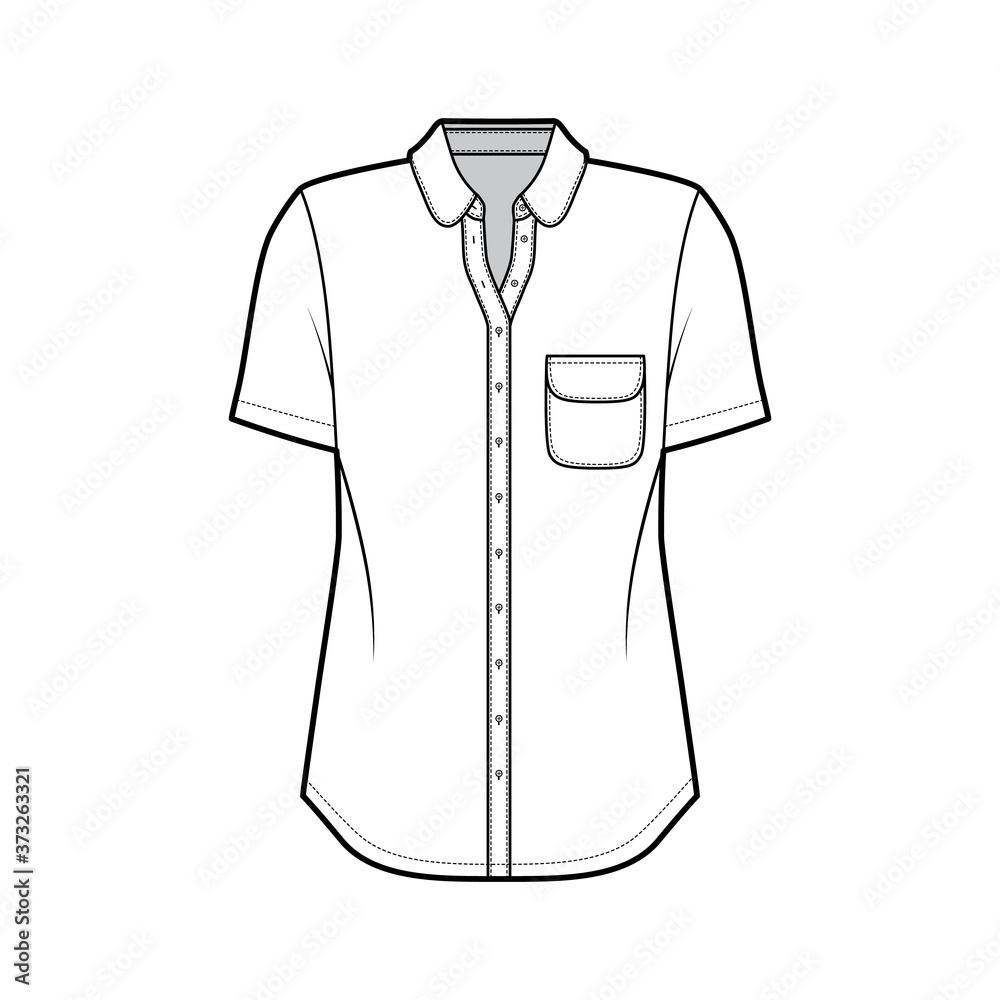Classic shirt technical fashion illustration with rounded pocket and collar, short sleeves, relax fit, front button-fastening. Flat apparel template front, white color. Women men unisex top CAD mockup Classic shirt technical fashion illustration with rounded pocket and collar, short sleeves, relax fit, front button-fastening. Flat apparel template front, white color. Women men unisex top CAD mockup