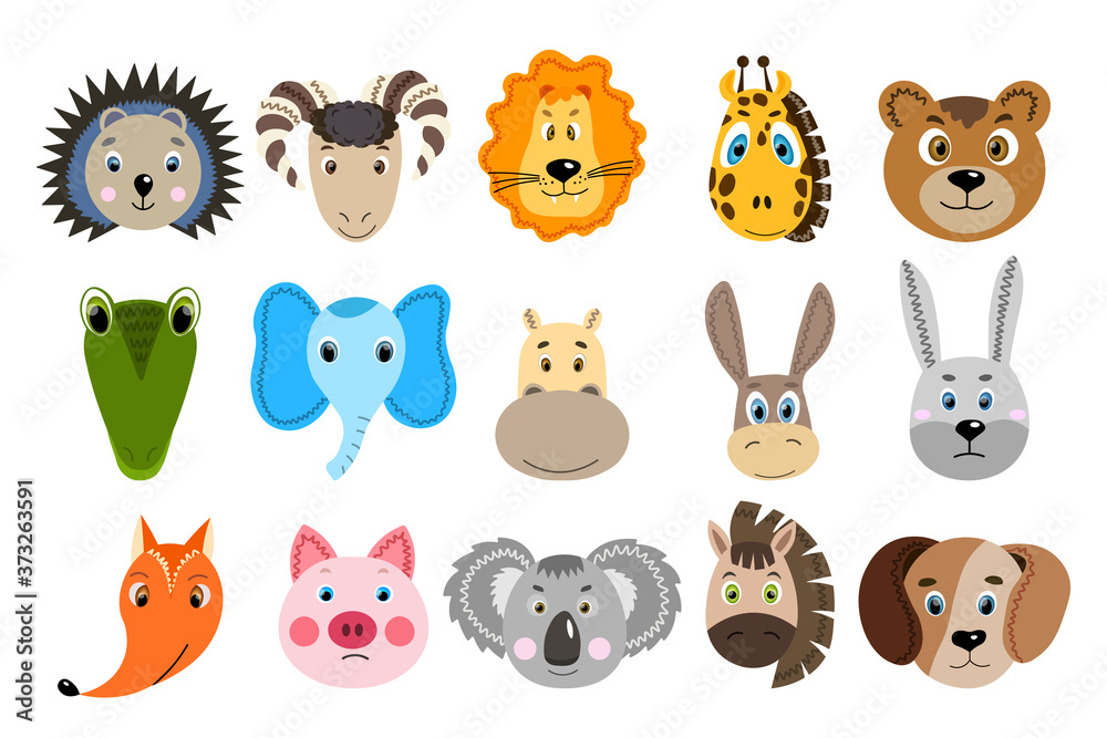 Set with colorful cute animal face. Hare, crocodile, koala, hippopotamus, bear, giraffe, horse, ram, pig, hedgehog, donkey, lion. Isolated objects. Cartoon flat illustration. Template icon, sticker.