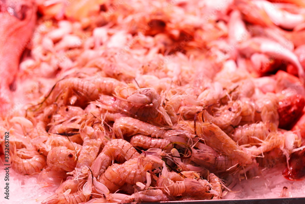 Shrimps and shellfish for sale in the Central Market of Valencia, Spain Shrimps and shellfish for sale in the Central Market of Valencia, Spain