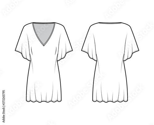 Kaftan dress technical fashion illustration with deep V-neck, batwing elbow sleeves, above-the-knee length, oversized. Flat apparel template front back white color. Women men unisex top CAD mockup