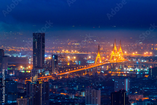 View of Bangkok with heavy fog. Beautiful Bhumibol Bridge and river landscapes. Bangkok Thailand. Aug 15, 2020