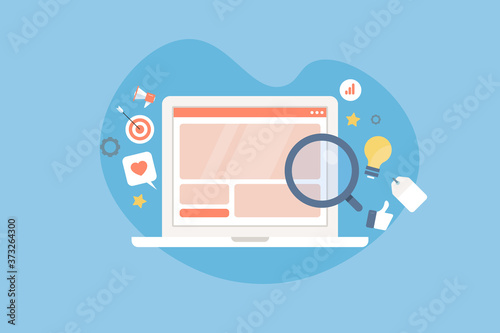 Search engine optimization, website on laptop screen with magnifying glass, social media marketing, targeting audience, online business idea, promotion, internet and communication technology concept.
