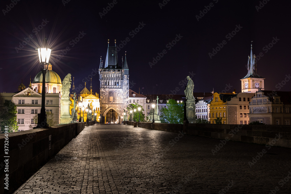 Old Prague, Czech Republic, Bohemia, Castles and Charles Bridge at night without people.