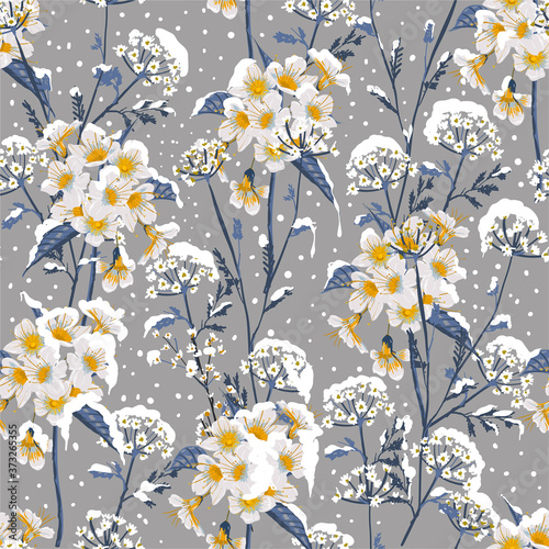 Beautiful winter flower blooming in the snow delicate floral seamless pattern vector EPS10 ,Design for fashion, fabric, textile,web,wallpaper, wrapping and all prints