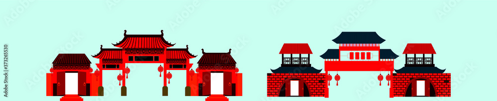 set of china town cartoon icon design template with various models. vector illustration