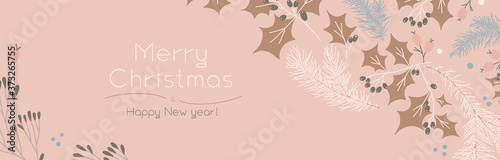 Christmas banner template on pink background. Winter sale fair ad. Vintage New Year greeting card design. Pinecone Xmas panoramic decorations. Merry Christmas decoration with isolated tree branches.