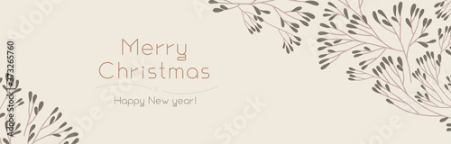 Christmas banner template on light background. Winter sale fair ad. Vintage New Year greeting card design. Pinecone Xmas panoramic decorations. Merry Christmas decoration with isolated tree branches.
