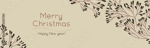 Christmas banner template on light background. Winter sale fair ad. Vintage New Year greeting card design. Pinecone Xmas panoramic decorations. Merry Christmas decoration with isolated tree branches.