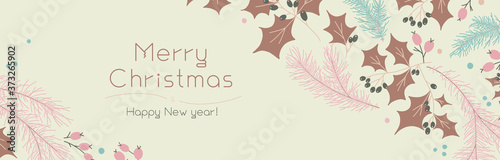 Christmas banner template on light background. Winter sale fair ad. Vintage New Year greeting card design. Pinecone Xmas panoramic decorations. Merry Christmas decoration with isolated tree branches.