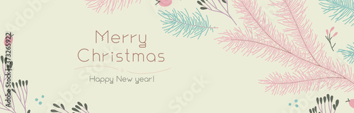 Christmas banner template on light background. Winter sale fair ad. Vintage New Year greeting card design. Pinecone Xmas panoramic decorations. Merry Christmas decoration with isolated tree branches.