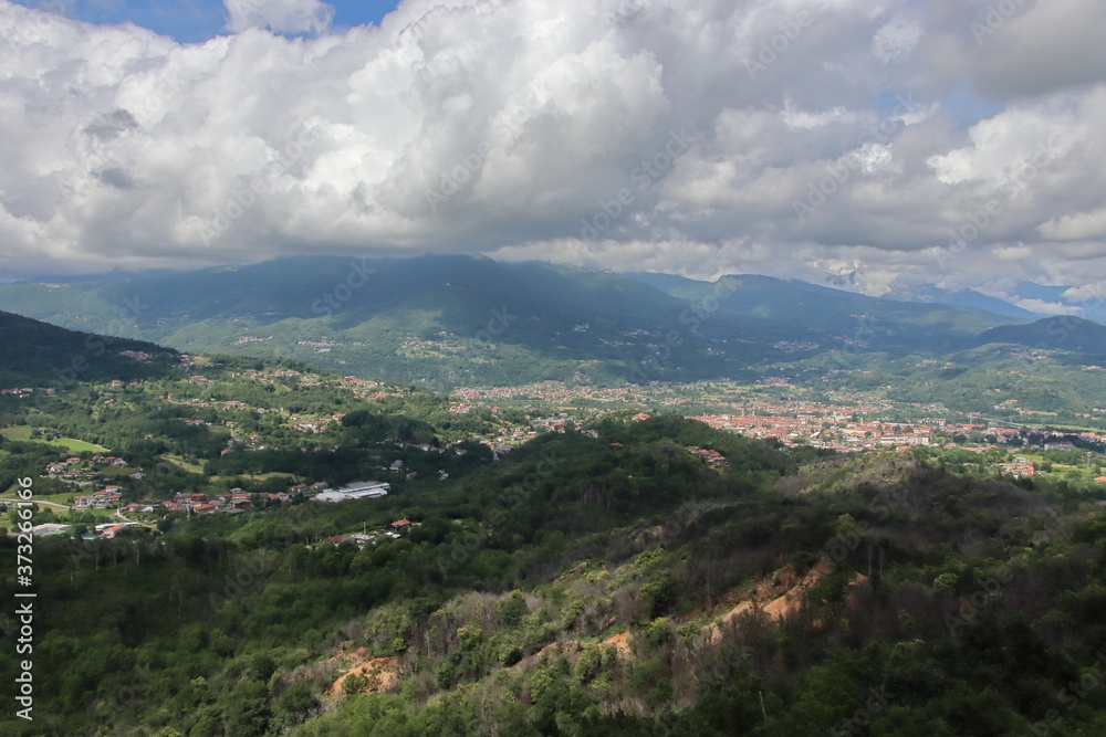 A view of the Canvese hills and mountains from the Sacro Monte di Belmonte sanctuary in the province of Turin. 