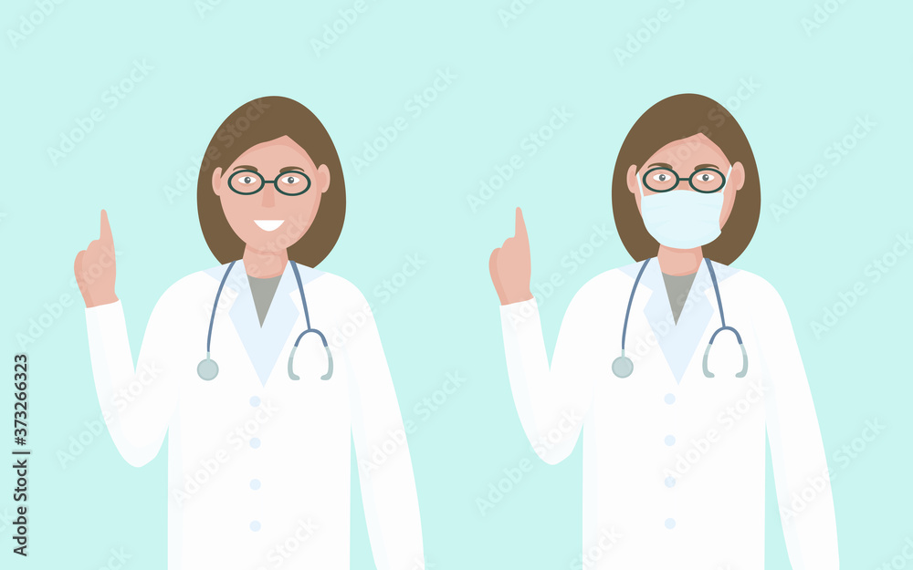 Doctor - a woman, a medical worker.  Friendly character with a medical mask and an open face. The concept of medical care and assistance to people. Vector flat illustration.