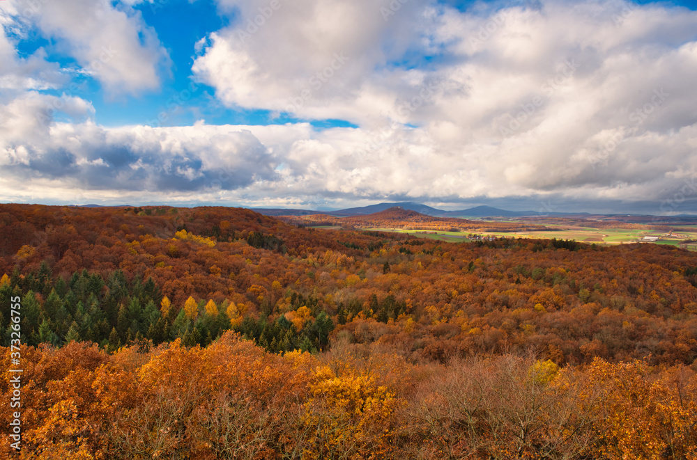 Herbstlicher Wald mit Blick auf die Gleichberge in Thüringen