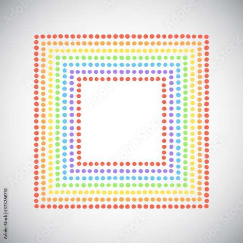 Square shape made of hand drawn uneven dots, beads, spots. Lgbt rainbow colors. Colorful dot frames of various diameter set. Editable graphic design element, template for rectangle frames, borders. 