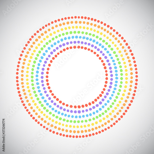 Round shape, circle made of hand drawn uneven dots, beads, spots. Lgbt rainbow colors. Colorful dot frames, rings of various diameter set. Editable graphic design element, dotted template for borders.