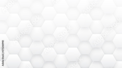 Fototapeta Naklejka Na Ścianę i Meble -  3D Hexagon Tech Structure Minimalist Abstract White Background. Science Technology Hexagonal Blocks Pattern Conceptual Light Wallpaper In Ultra High Definition. Clear Blank Subtle Textured Backdrop