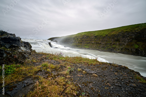Beautiful landscape of gullfoss waterfall seen from the side that belongs to the golden circle of iceland