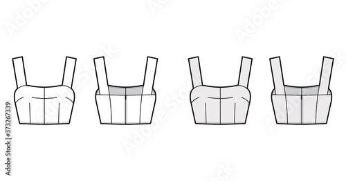 Cropped top technical fashion illustration with scoop neck, wide straps, back zip fastening, waist length. Flat outwear tank template front, back white grey color. Women, men unisex shirt camisole CAD