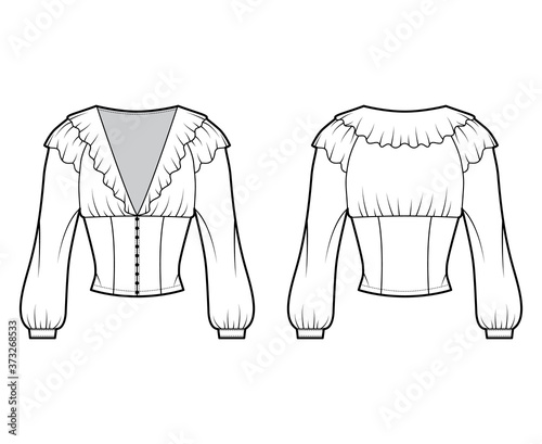 Ruffled cropped blouse technical fashion illustration with long bishop sleeves, puffed shoulders, front button fastenings. Flat apparel top template front, back white color. Women men unisex shirt CAD