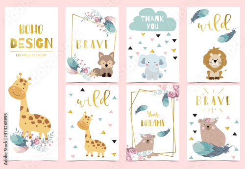Geometry pink gold boho invitation card with rose,leaf,wreath,feather,bear,fox and frame