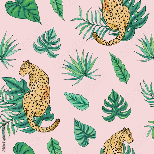 Tropic summer painting seamless pattern with leopard and tropical leaves. Tropical botanical Motives. Vector illustration. Summer decoration print for wrapping, wallpaper, fabric. 