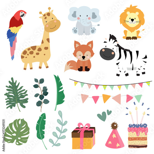 Safari object collection with giraffe, fox,lion,elephant,zebra,cake.Vector illustration for icon,logo,sticker,printable,postcard and invitation