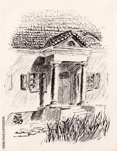 Pen on paper drawing of Eastern European old noble house. Manor with tile roof and pillared porch. Residence of Polish and Belarussian poet and writer Adam Mickiewicz in Novogrudok, Belarus.  photo