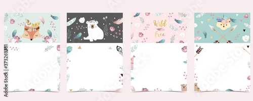 Boho pink blue invitation card with animal,leaf,wreath,feather and frame for birthday, baby shower postcard,poster,background