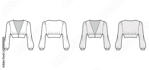 Cropped top technical fashion illustration with long bishop sleeves, puffed shoulders, front button fastenings. Flat apparel shirt template front back white, grey color. Women men, unisex blouse CAD