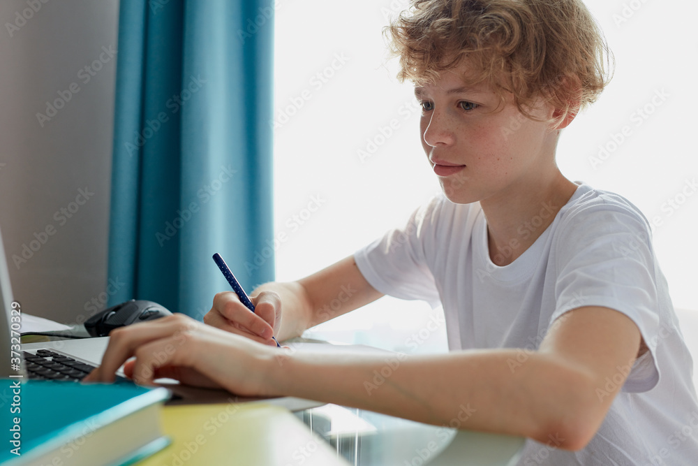 young boy studying at home, education concept. do homework, sit in bedroom, writing and reading young boy studying at home, education concept. do homework, sit in bedroom, writing and reading