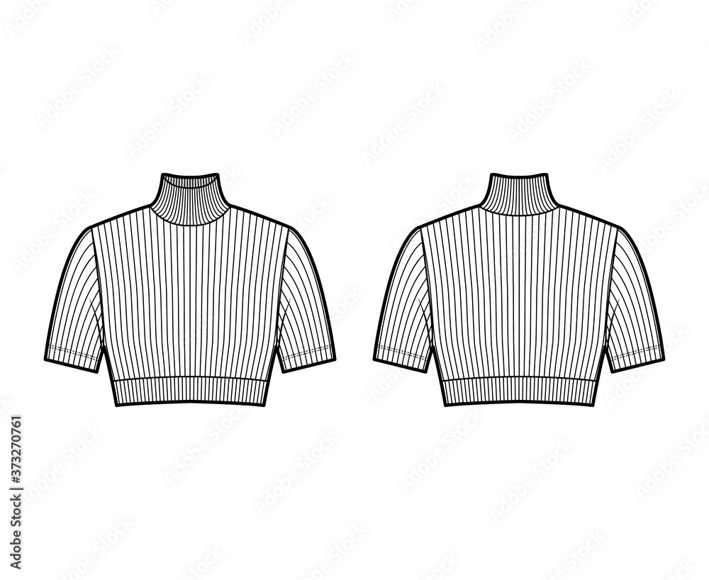 Cropped turtleneck ribbed-knit sweater technical fashion illustration with  short sleeves close-fitting shape. Flat jumper apparel template front back  white color. Women men unisex shirt top CAD mockup Stock Vector