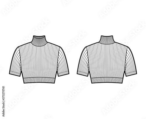 Cropped turtleneck ribbed-knit sweater technical fashion illustration with short sleeves close-fitting shape. Flat jumper apparel template front back white color. Women men unisex shirt top CAD mockup
