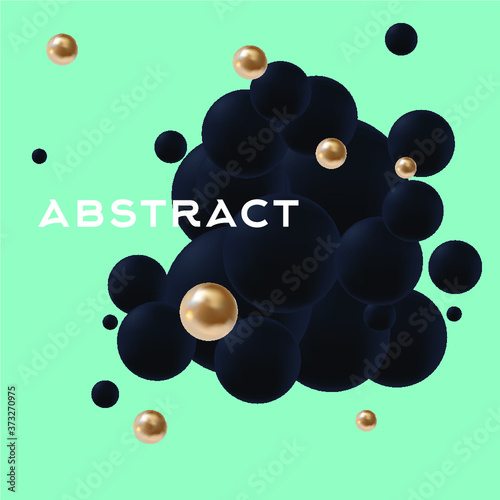 3D abstract composition of black and metal balls on a green background vector